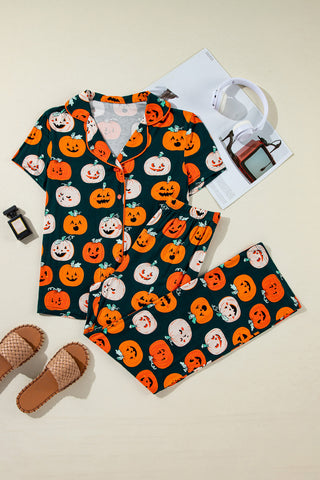 Orange Halloween Pattern Short Sleeve Shirt Pajama Set, A Blissfully Beautiful Boutique - A Blissfully Beautiful Boutique