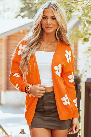 Orange Floral Print Knitted Open Front Loose Cardigan, A Blissfully Beautiful Boutique - A Blissfully Beautiful Boutique