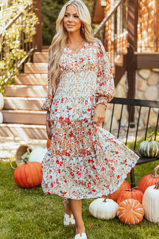 Khaki Floral Print Ruffled Tiered Long Sleeve V Neck Midi Dress, A Blissfully Beautiful Boutique - A Blissfully Beautiful Boutique