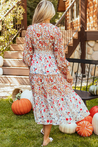 Khaki Floral Print Ruffled Tiered Long Sleeve V Neck Midi Dress, A Blissfully Beautiful Boutique - A Blissfully Beautiful Boutique