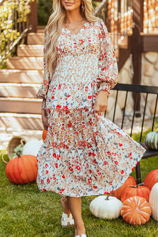 Khaki Floral Print Ruffled Tiered Long Sleeve V Neck Midi Dress, A Blissfully Beautiful Boutique - A Blissfully Beautiful Boutique