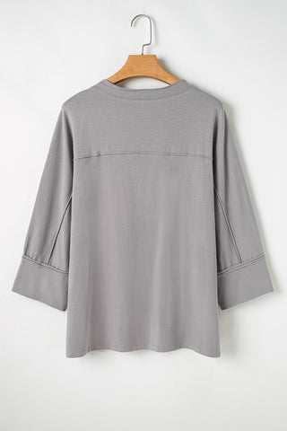 Medium Grey Floral Star Patched Pattern 3/4 Sleeve Plus Size Top, A Blissfully Beautiful Boutique - A Blissfully Beautiful Boutique