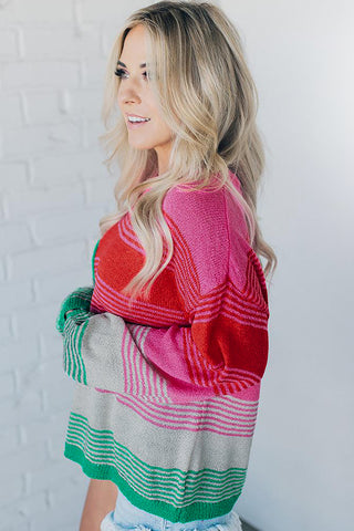 Rose Striped Knit Patch Pocket Drop Shoulder Sweater, A Blissfully Beautiful Boutique - A Blissfully Beautiful Boutique