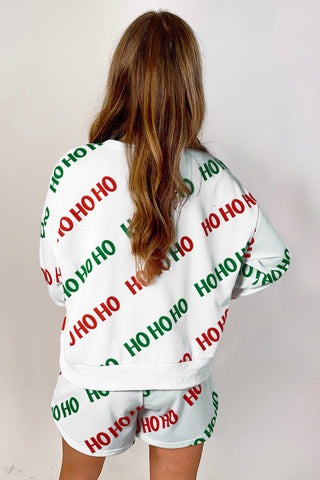 White Christmas HOHOHO Print Drop Shoulder Pullover and Casual Shorts Set, A Blissfully Beautiful Boutique - A Blissfully Beautiful Boutique