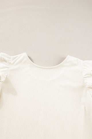 Beige Ruffled Flounce Sleeve Corduroy Blouse, A Blissfully Beautiful Boutique - A Blissfully Beautiful Boutique