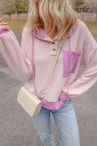 Light Pink Corded Colorblock Patch Pocket Drawstring Hooded Top, A Blissfully Beautiful Boutique - A Blissfully Beautiful Boutique