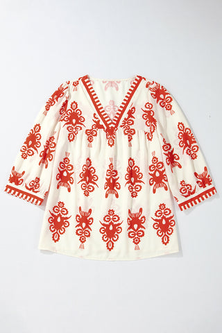 Orange Vintage Geometric Printed 3/4 Sleeve V Neck Blouse, A Blissfully Beautiful Boutique - A Blissfully Beautiful Boutique