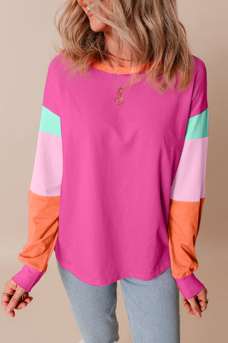 Rose Red Colorblock Patchwork Long Sleeve Loose Top, A Blissfully Beautiful Boutique - A Blissfully Beautiful Boutique