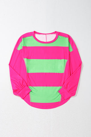 Light Green Colorblock Striped Drop Shoulder Loose Top, A Blissfully Beautiful Boutique - A Blissfully Beautiful Boutique