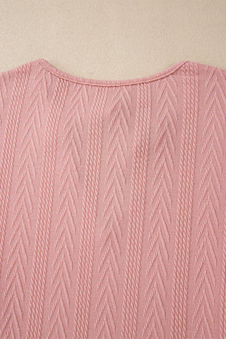 Dusty Pink Floral Patchwork Textured Knit Drawstring V Neck Blouse, A Blissfully Beautiful Boutique - A Blissfully Beautiful Boutique