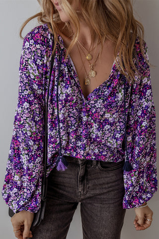 Purple Boho Flower Split V Neck Bubble Sleeve Blouse, A Blissfully Beautiful Boutique - A Blissfully Beautiful Boutique