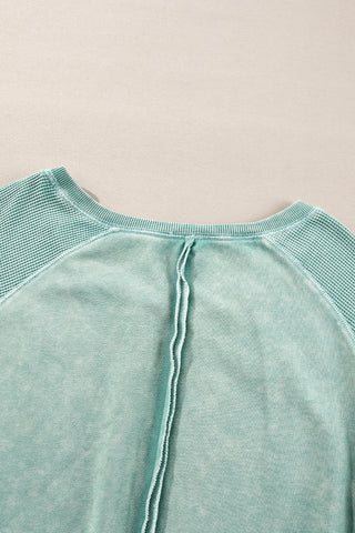 Mineral Blue Solid Waffle Knit Patchwork Raglan Sleeve Sweatshirt, A Blissfully Beautiful Boutique - A Blissfully Beautiful Boutique