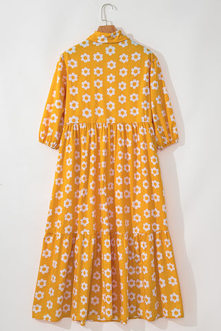 Yellow Flower Print Bracelet Sleeve Buttons Collared Maxi Dress, A Blissfully Beautiful Boutique - A Blissfully Beautiful Boutique