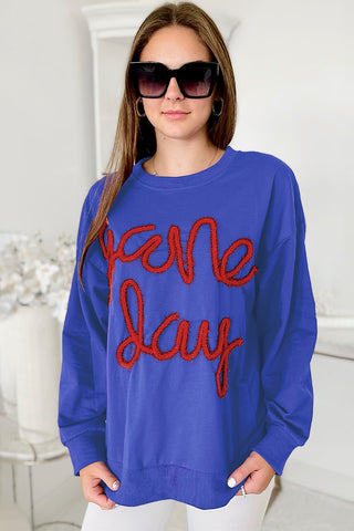Dark Blue Tinsel Game Day Drop Shoulder Graphic Sweatshirt, A Blissfully Beautiful Boutique - A Blissfully Beautiful Boutique