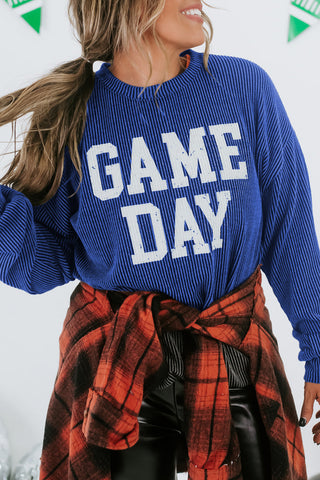 Bluing Corded GAME DAY Graphic Long Sleeve Crewneck Top, A Blissfully Beautiful Boutique - A Blissfully Beautiful Boutique