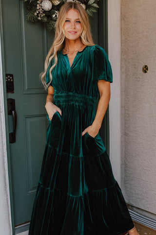 Evergreen Velvet Short Sleeve Shirred Waist Tiered Maxi Dress, A Blissfully Beautiful Boutique - A Blissfully Beautiful Boutique