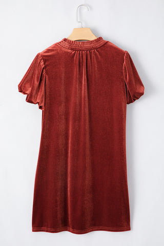 Cinnamon Velvet Smocked Neckline Puff Sleeve Shift Mini Dress, A Blissfully Beautiful Boutique - A Blissfully Beautiful Boutique