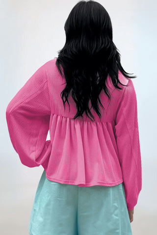 Bright Pink Corded Turn-down V Neck Bubble Sleeve Babydoll Blouse, A Blissfully Beautiful Boutique - A Blissfully Beautiful Boutique