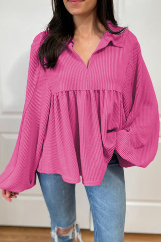 Bright Pink Corded Turn-down V Neck Bubble Sleeve Babydoll Blouse, A Blissfully Beautiful Boutique - A Blissfully Beautiful Boutique