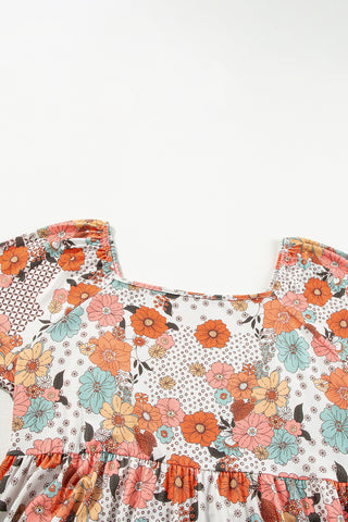 Khaki Plus Size Flower Print Square Neck Peplum Blouse, A Blissfully Beautiful Boutique - A Blissfully Beautiful Boutique