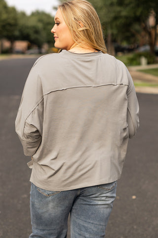 Medium Grey Floral Star Patched Pattern 3/4 Sleeve Plus Size Top, A Blissfully Beautiful Boutique - A Blissfully Beautiful Boutique