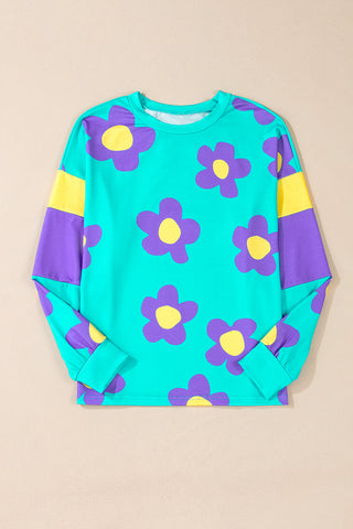 Sky Blue Floral Color Block Long Sleeve Loose Top, A Blissfully Beautiful Boutique - A Blissfully Beautiful Boutique
