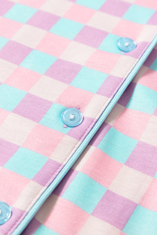 Purple Checkered Pattern Short Sleeve Pajamas Set, A Blissfully Beautiful Boutique - A Blissfully Beautiful Boutique