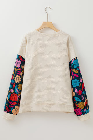 White Floral Patchwork Sleeve Textured Plus Size Pullover Top, A Blissfully Beautiful Boutique - A Blissfully Beautiful Boutique