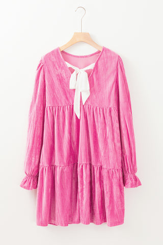 Strawberry Pink Flounce Sleeve Tiered Ruffled Velvet Mini Dress, A Blissfully Beautiful Boutique - A Blissfully Beautiful Boutique