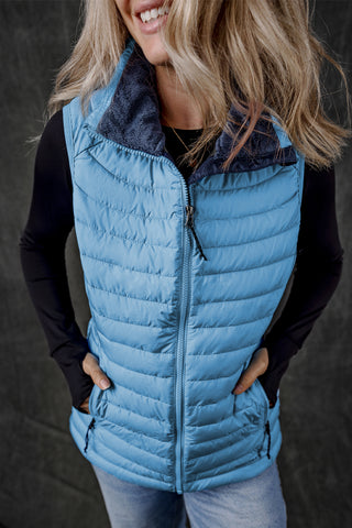 Sky Blue Plush Collared Quilted Zipped Puffer Vest, A Blissfully Beautiful Boutique - A Blissfully Beautiful Boutique