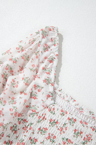 White Floral Print Shirred Ruffled Hem Square Neck Midi Dress, A Blissfully Beautiful Boutique - A Blissfully Beautiful Boutique