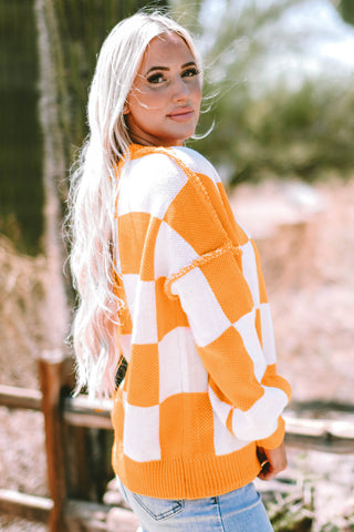Orange Checkered Bishop Sleeve Sweater, A Blissfully Beautiful Boutique - A Blissfully Beautiful Boutique