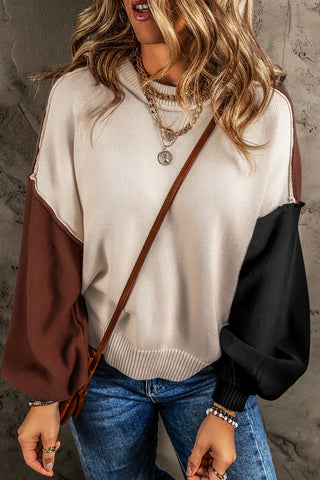 Coffee Colorblock Bishop Sleeve Ribbed Trim Sweater, A Blissfully Beautiful Boutique - A Blissfully Beautiful Boutique