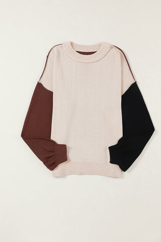 Coffee Colorblock Bishop Sleeve Ribbed Trim Sweater, A Blissfully Beautiful Boutique - A Blissfully Beautiful Boutique