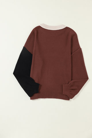 Coffee Colorblock Bishop Sleeve Ribbed Trim Sweater, A Blissfully Beautiful Boutique - A Blissfully Beautiful Boutique