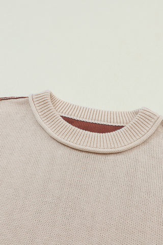Coffee Colorblock Bishop Sleeve Ribbed Trim Sweater, A Blissfully Beautiful Boutique - A Blissfully Beautiful Boutique