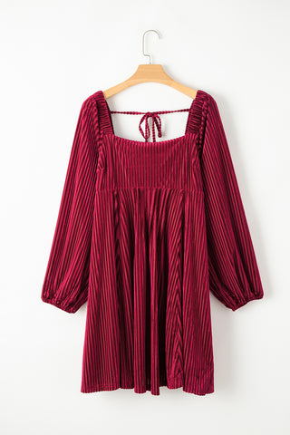 Red Tie Back Square Neck Velvet Babydoll Dress, A Blissfully Beautiful Boutique - A Blissfully Beautiful Boutique