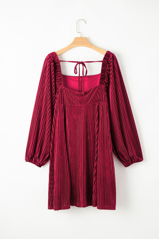 Red Tie Back Square Neck Velvet Babydoll Dress, A Blissfully Beautiful Boutique - A Blissfully Beautiful Boutique