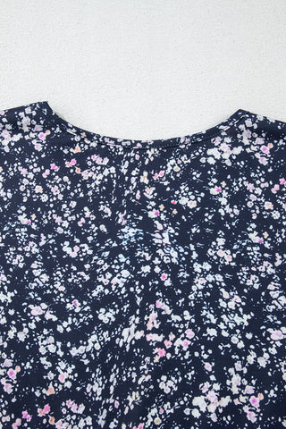 Blue Floral Color Block Patchwork Ruffled Hem Round Neck Blouse, A Blissfully Beautiful Boutique - A Blissfully Beautiful Boutique