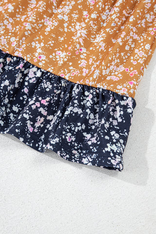 Blue Floral Color Block Patchwork Ruffled Hem Round Neck Blouse, A Blissfully Beautiful Boutique - A Blissfully Beautiful Boutique