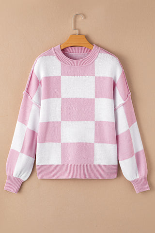 Pink Checkered Bishop Sleeve Sweater, A Blissfully Beautiful Boutique - A Blissfully Beautiful Boutique
