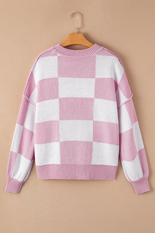 Pink Checkered Bishop Sleeve Sweater, A Blissfully Beautiful Boutique - A Blissfully Beautiful Boutique