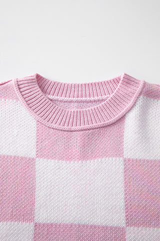 Pink Checkered Bishop Sleeve Sweater, A Blissfully Beautiful Boutique - A Blissfully Beautiful Boutique