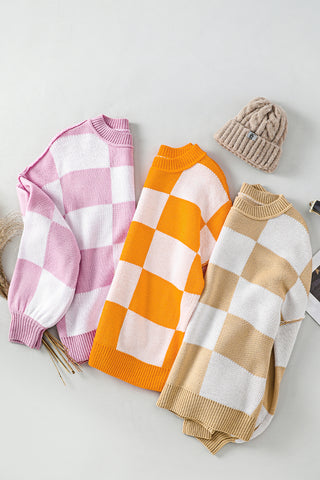 Pink Checkered Bishop Sleeve Sweater, A Blissfully Beautiful Boutique - A Blissfully Beautiful Boutique