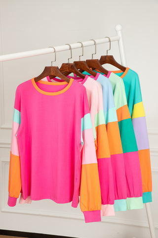 Rose Red Colorblock Patchwork Long Sleeve Loose Top, A Blissfully Beautiful Boutique - A Blissfully Beautiful Boutique