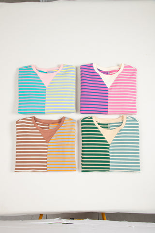 Green Stripe Casual Stripe Colorblock Drop Shoulder Oversize Sweatshirt, A Blissfully Beautiful Boutique - A Blissfully Beautiful Boutique