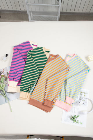 Green Stripe Casual Stripe Colorblock Drop Shoulder Oversize Sweatshirt, A Blissfully Beautiful Boutique - A Blissfully Beautiful Boutique