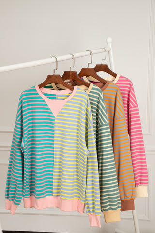 Pink Stripe Casual Stripe Colorblock Drop Shoulder Oversize Sweatshirt, A Blissfully Beautiful Boutique - A Blissfully Beautiful Boutique
