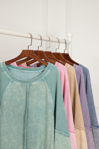Orchid Petal Solid Waffle Knit Patchwork Raglan Sleeve Sweatshirt, A Blissfully Beautiful Boutique - A Blissfully Beautiful Boutique