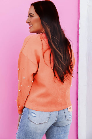 Blossom Pearled Sleeves Drop Shoulder Round Neck Pullover Sweatshirt, A Blissfully Beautiful Boutique - A Blissfully Beautiful Boutique